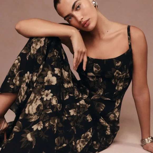 Reformation Black and Cream Floral Midi Dress - Picture 2 of 6